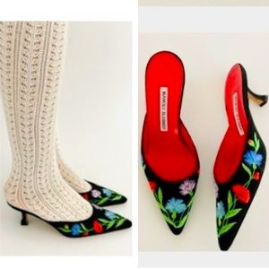 RARE Manolo Blahnik Mules Slip On Kitten Heel Red Embroidered Floral Pointy Toe